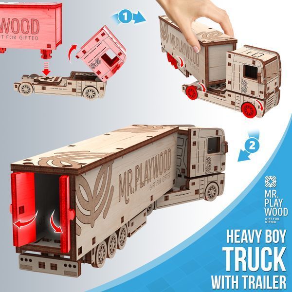 Дерев'яний конструктор Класичний Тягач з Причепом Mr. Playwood механічна 3D модель 88 деталей 000033388 фото