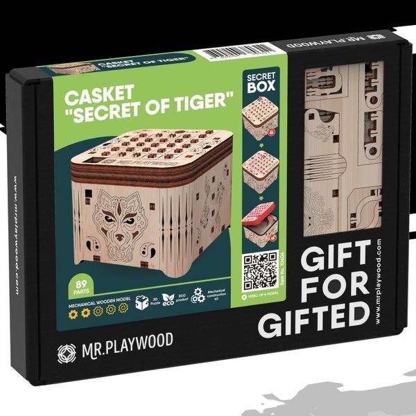 Дерев'яний конструктор Шкатулка "Таємниця Тигра" Mr. Playwood механічна 3D модель 89 деталей 000032817 фото